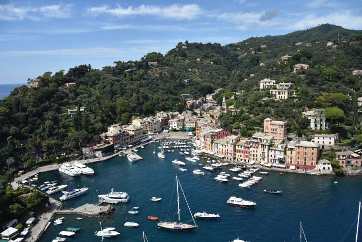 Portofino harbor with boats and colorful buildings on the hillside