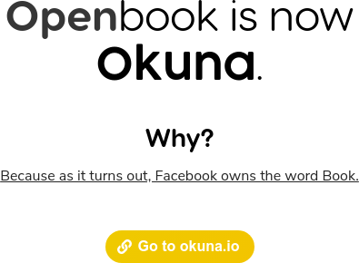 Openbook rebrand announcement saying Openbook is now Okuna