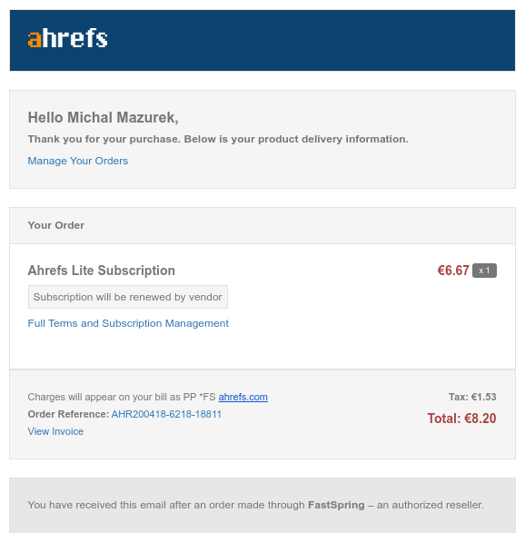 FastSpring receipt email for an Ahrefs trial purchase