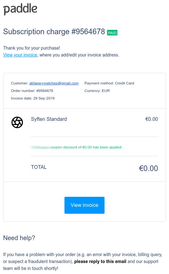 Paddle receipt email from a Syften test payment