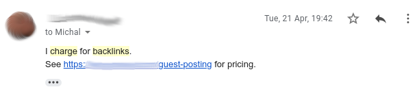 Email reply asking for payment to include a backlink