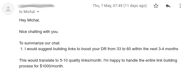 Email quote offering guest posts and backlinks for SEO