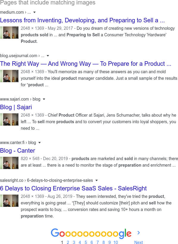 Google reverse image search results for a frequently reused Unsplash photo